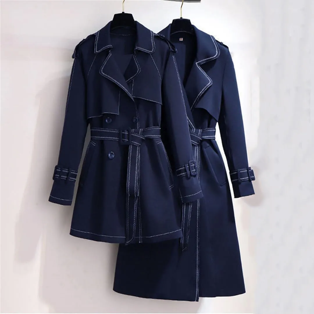 Korean Fashion Long Trench Coat Women Elegant Slim Waist Sashes Office Work Patchwork Overcoats