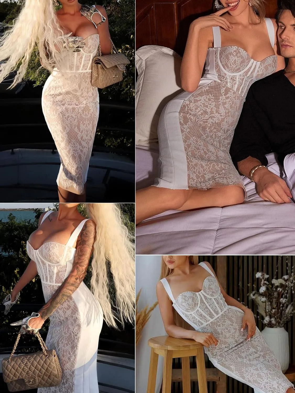 Lace Fishbone Midi Cocktail Party Bandage Dress for Women Back Slit Wedding Guest Dress