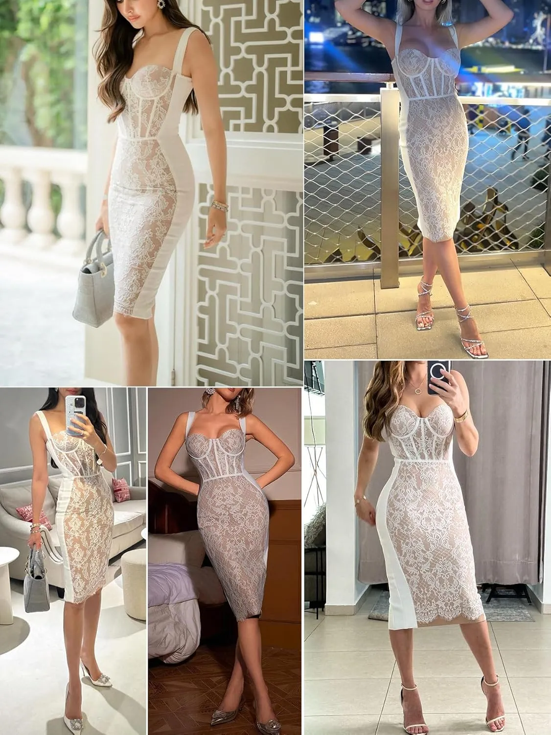 Lace Fishbone Midi Cocktail Party Bandage Dress for Women Back Slit Wedding Guest Dress
