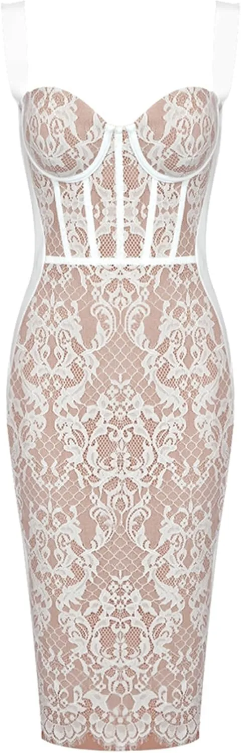 Lace Fishbone Midi Cocktail Party Bandage Dress for Women Back Slit Wedding Guest Dress