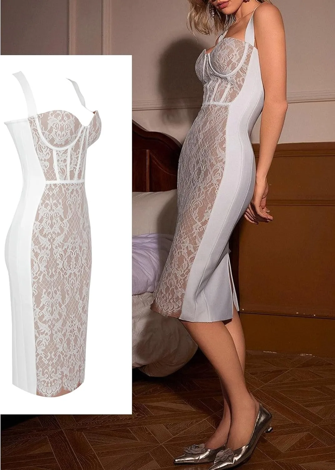 Lace Fishbone Midi Cocktail Party Bandage Dress for Women Back Slit Wedding Guest Dress