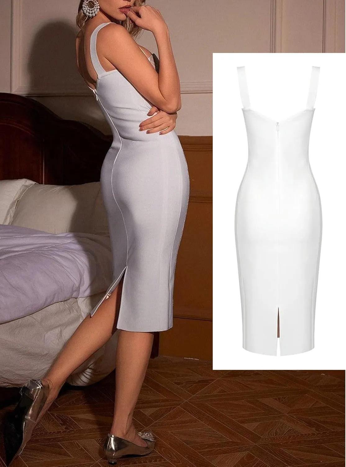 Lace Fishbone Midi Cocktail Party Bandage Dress for Women Back Slit Wedding Guest Dress