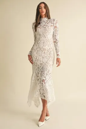Leighton Long Sleeve Mock Neck Floral Lace Midi Dress White