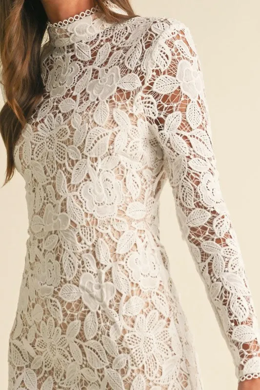 Leighton Long Sleeve Mock Neck Floral Lace Midi Dress White