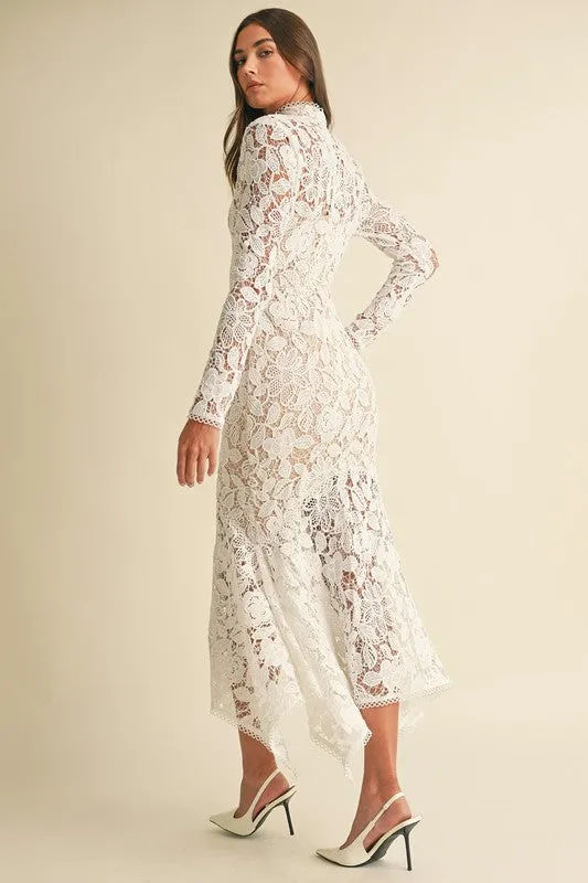 Leighton Long Sleeve Mock Neck Floral Lace Midi Dress White