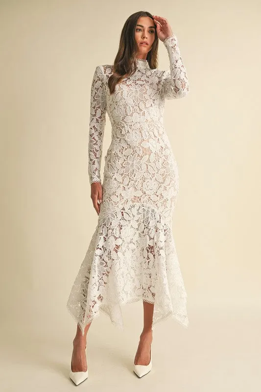 Leighton Long Sleeve Mock Neck Floral Lace Midi Dress White