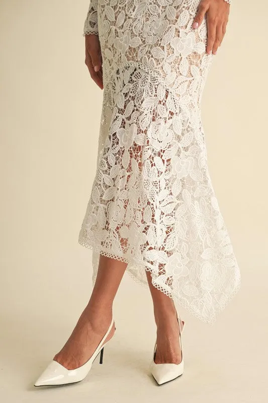 Leighton Long Sleeve Mock Neck Floral Lace Midi Dress White