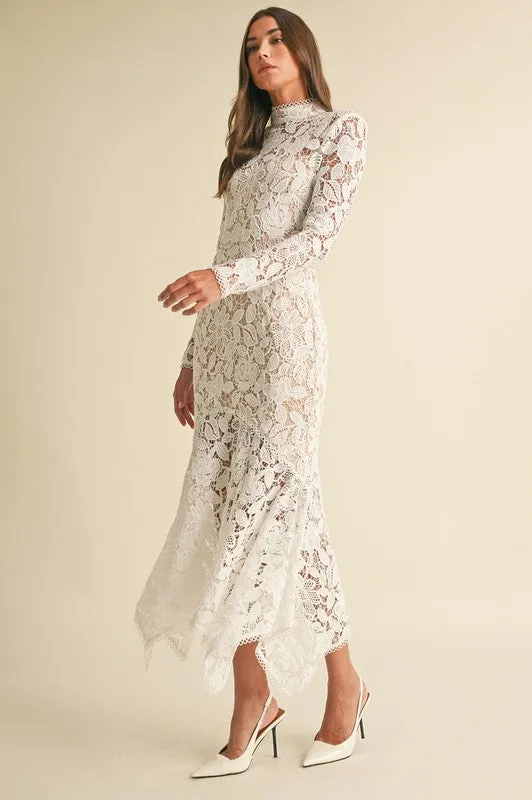 Leighton Long Sleeve Mock Neck Floral Lace Midi Dress White