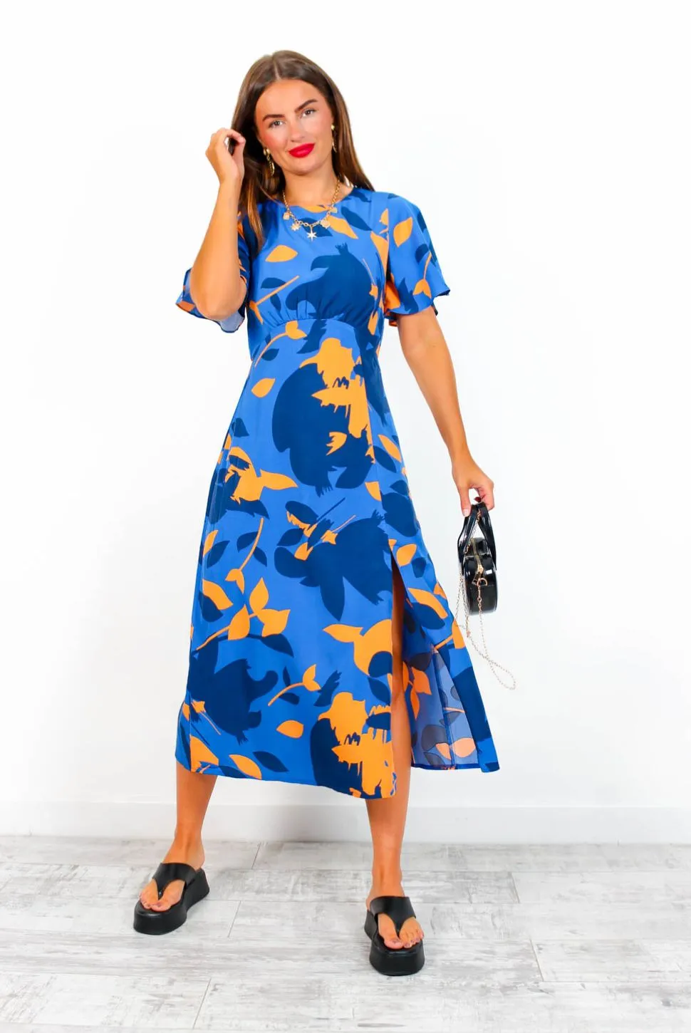 Lets Split - Blue Orange Floral Midi Dress