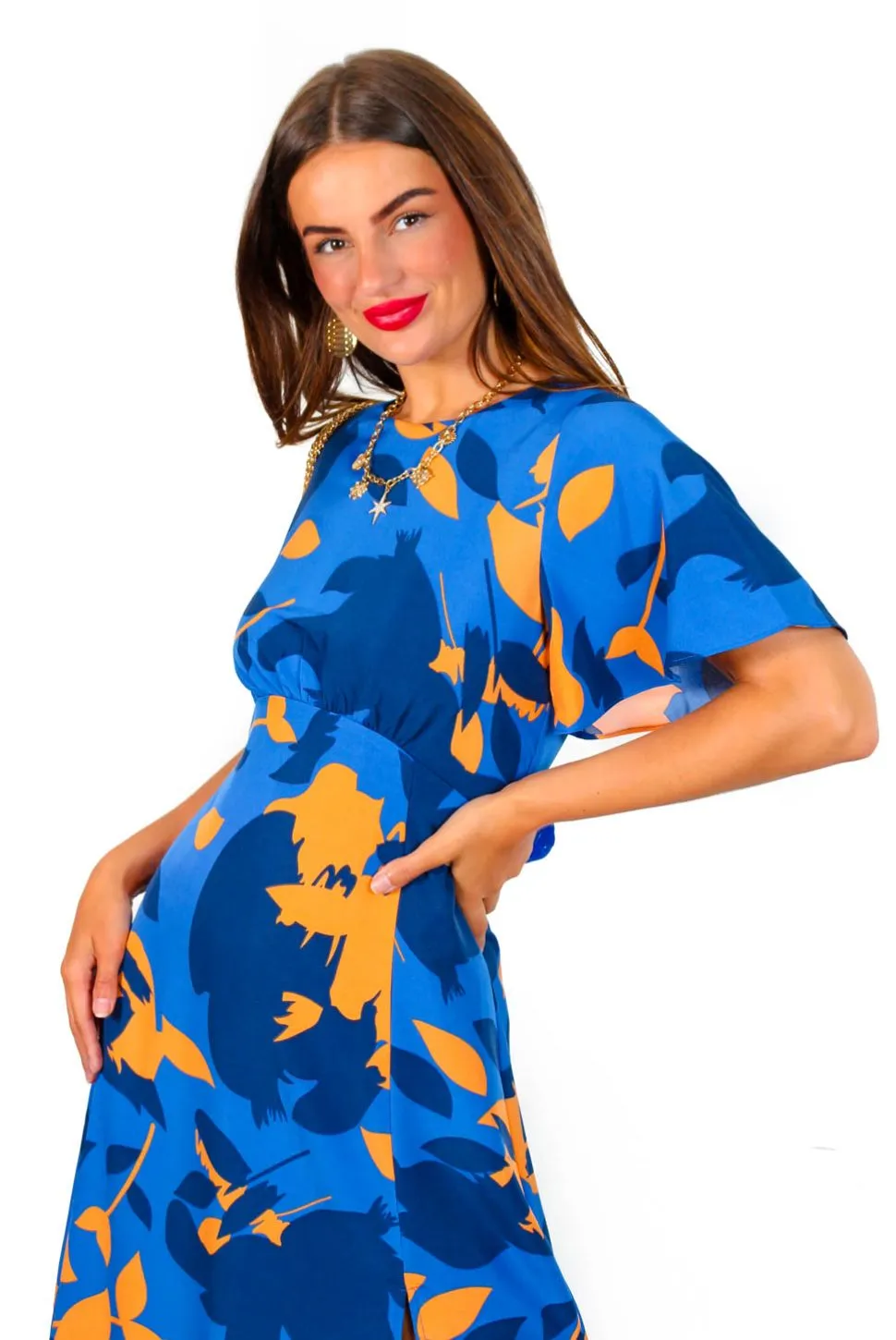 Lets Split - Blue Orange Floral Midi Dress