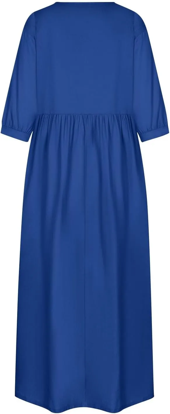 Linen 3/4 Sleeve Dress for Women Crewneck Loose Summer Dress with Pockets Boho Smocked Flowy Hem Midi T Shirt Dress