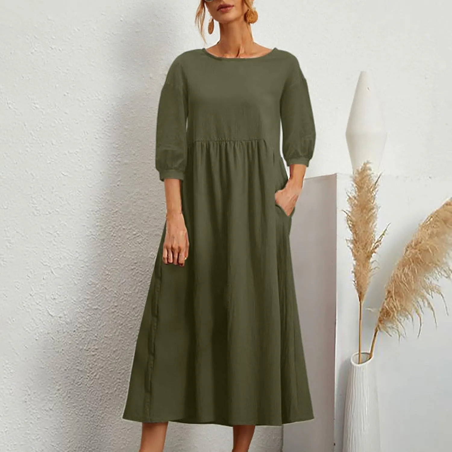 Linen 3/4 Sleeve Dress for Women Crewneck Loose Summer Dress with Pockets Boho Smocked Flowy Hem Midi T Shirt Dress