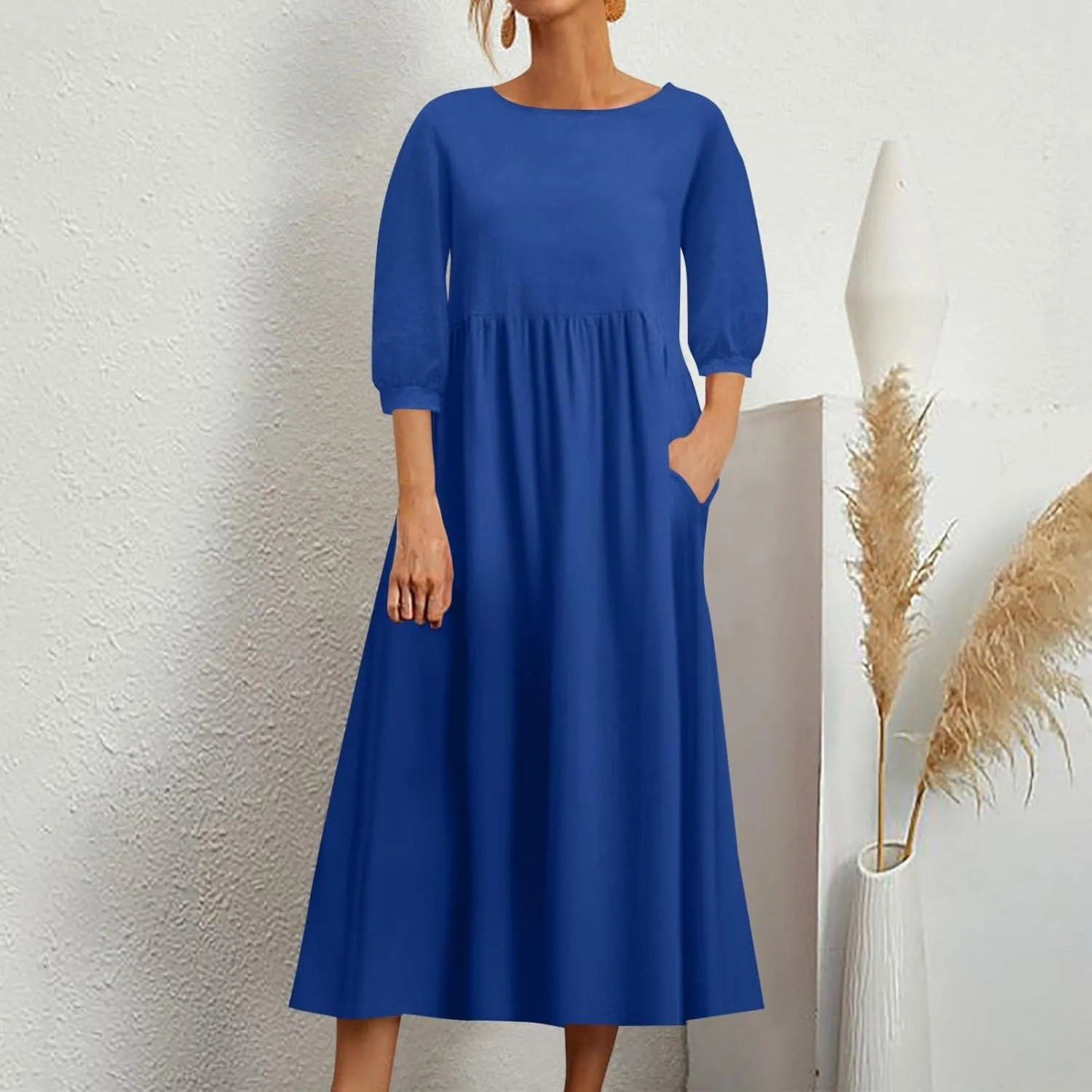 Linen 3/4 Sleeve Dress for Women Crewneck Loose Summer Dress with Pockets Boho Smocked Flowy Hem Midi T Shirt Dress