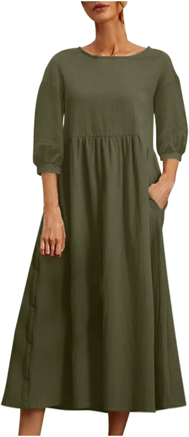 Linen 3/4 Sleeve Dress for Women Crewneck Loose Summer Dress with Pockets Boho Smocked Flowy Hem Midi T Shirt Dress