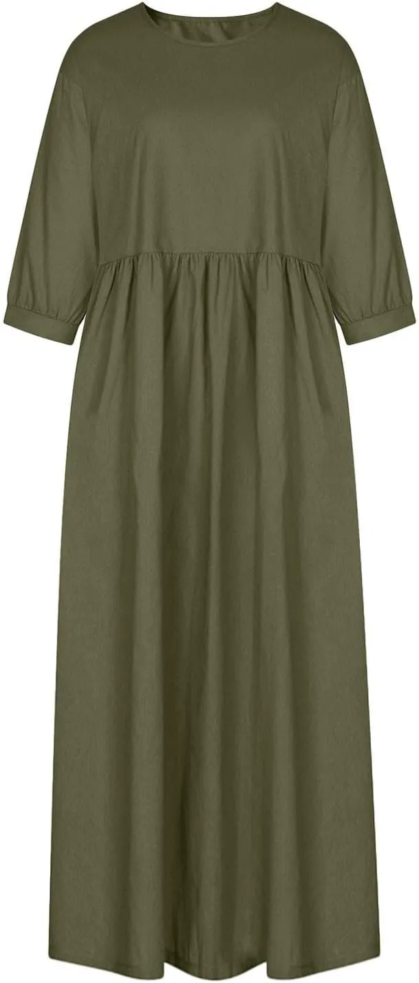 Linen 3/4 Sleeve Dress for Women Crewneck Loose Summer Dress with Pockets Boho Smocked Flowy Hem Midi T Shirt Dress