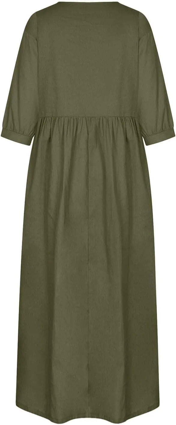 Linen 3/4 Sleeve Dress for Women Crewneck Loose Summer Dress with Pockets Boho Smocked Flowy Hem Midi T Shirt Dress