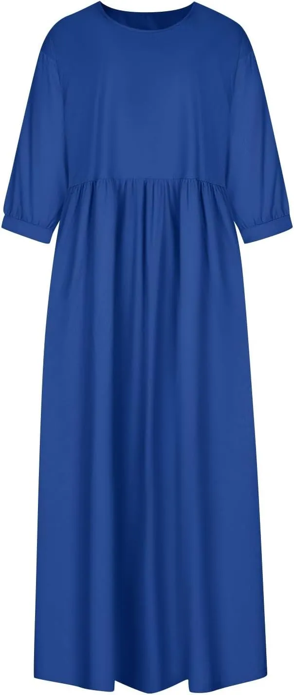 Linen 3/4 Sleeve Dress for Women Crewneck Loose Summer Dress with Pockets Boho Smocked Flowy Hem Midi T Shirt Dress