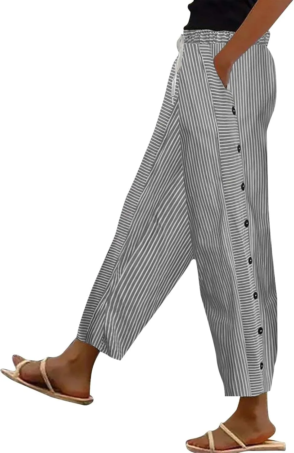 Linen Crop Pants for Women Elastic Waistband High Waistband Pocket Pants Side Nine Point Loose Casual