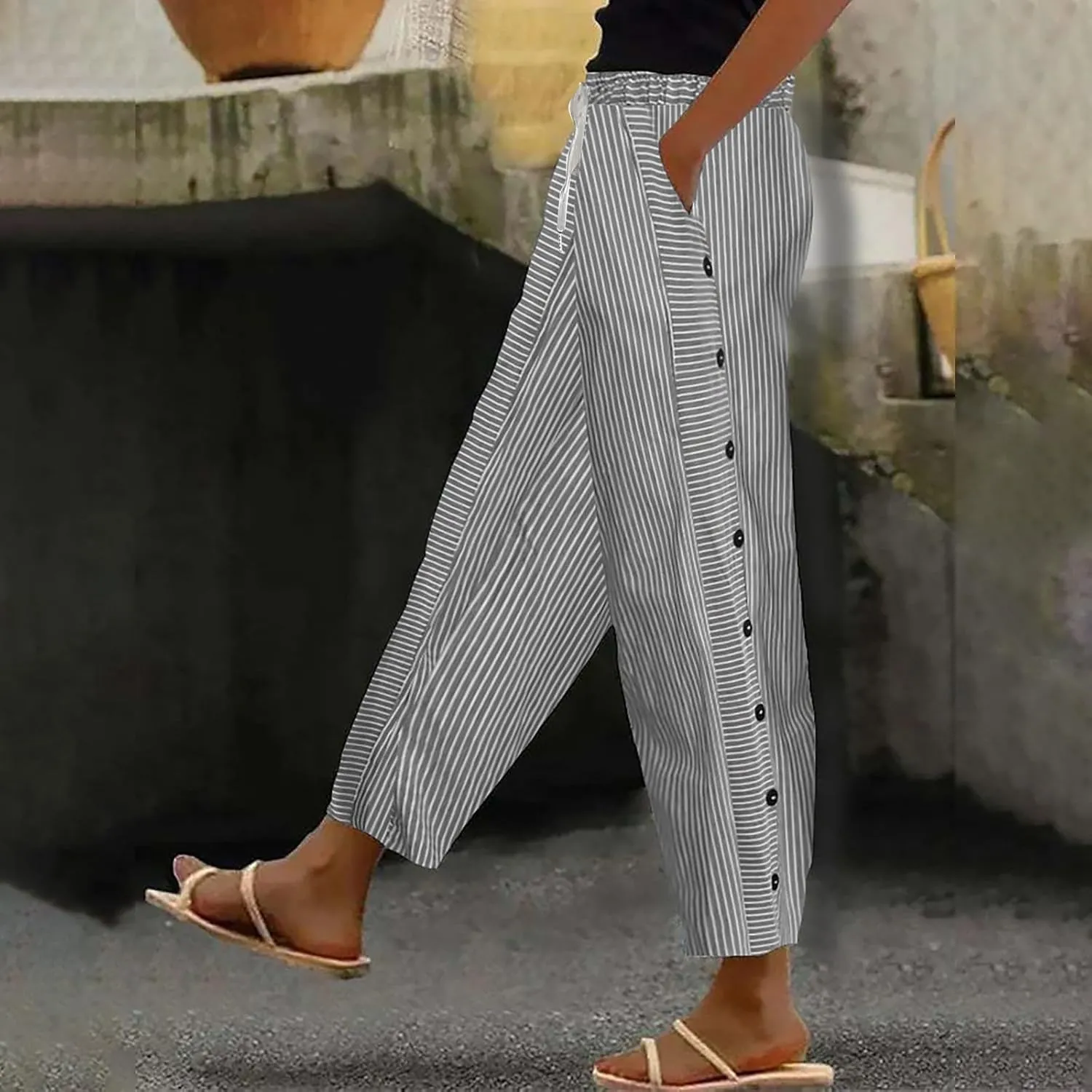 Linen Crop Pants for Women Elastic Waistband High Waistband Pocket Pants Side Nine Point Loose Casual