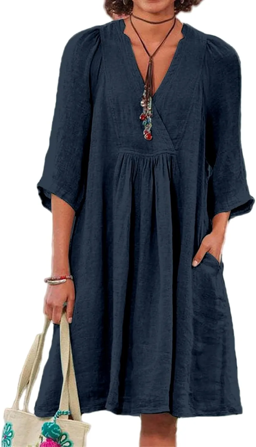 Linen Dresses for Women Casual 3/4 Sleeve V Neck Midi Dress Summer Loose Flowy Dresses Vacation Beach Shift Dress