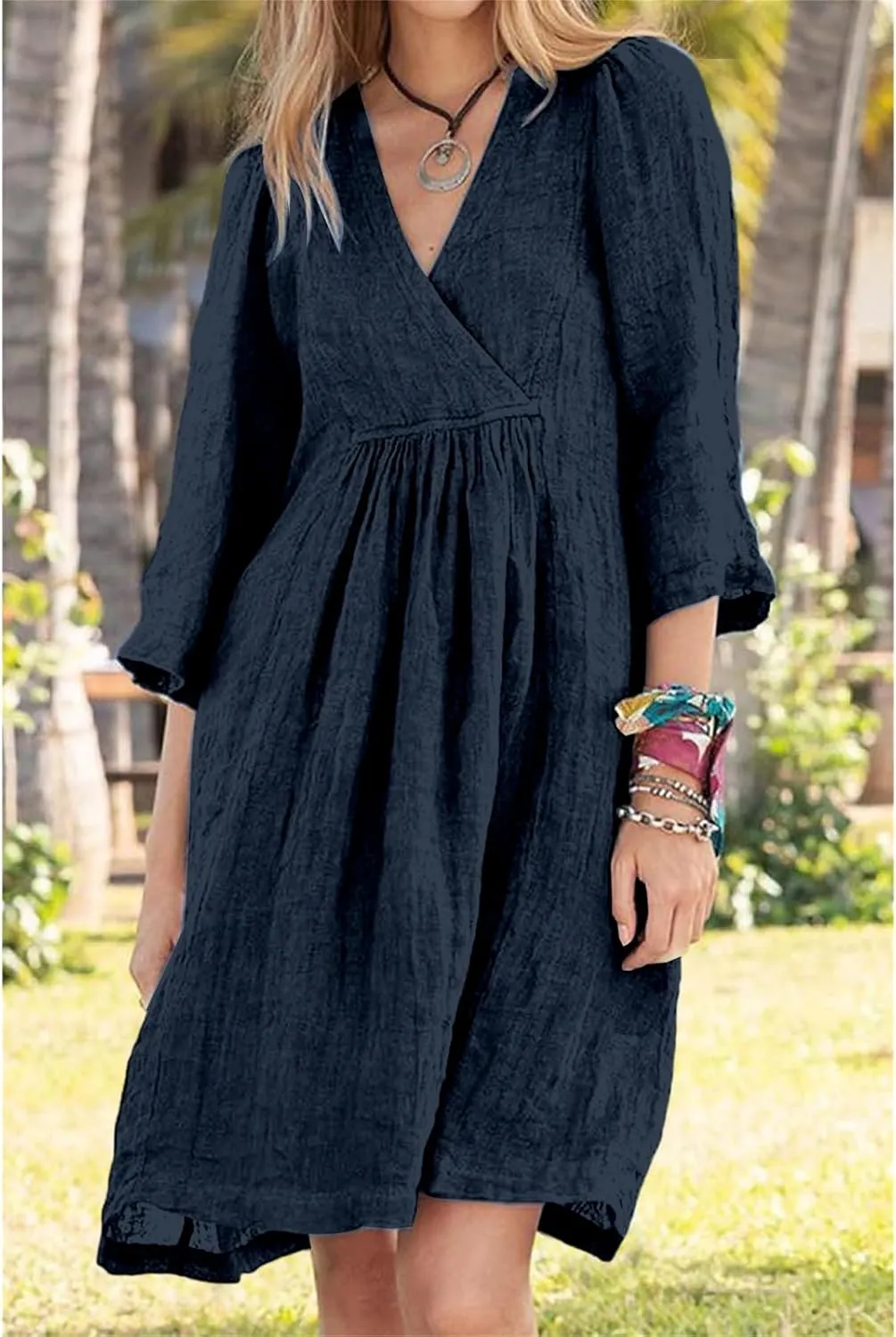 Linen Dresses for Women Casual 3/4 Sleeve V Neck Midi Dress Summer Loose Flowy Dresses Vacation Beach Shift Dress
