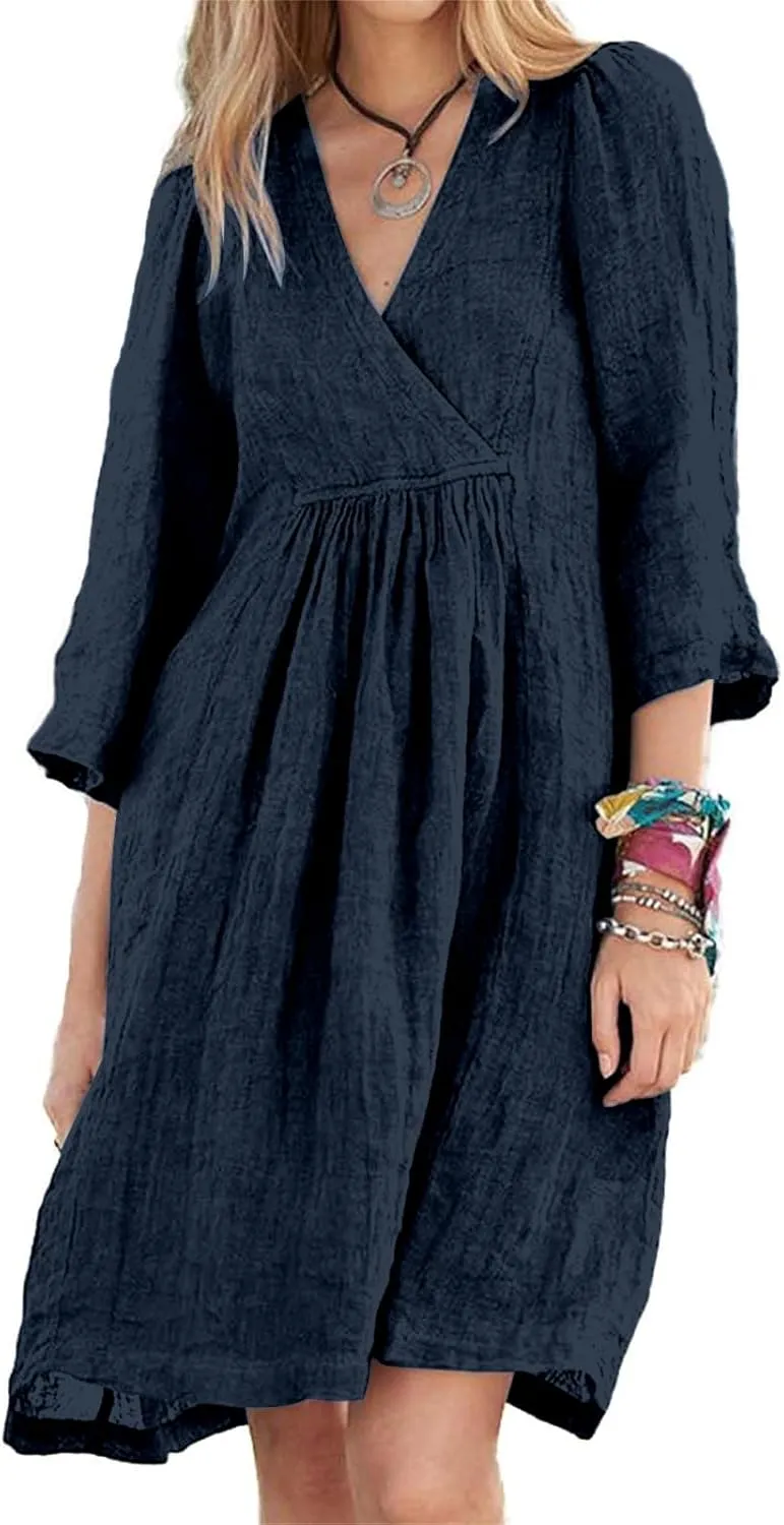 Linen Dresses for Women Casual 3/4 Sleeve V Neck Midi Dress Summer Loose Flowy Dresses Vacation Beach Shift Dress