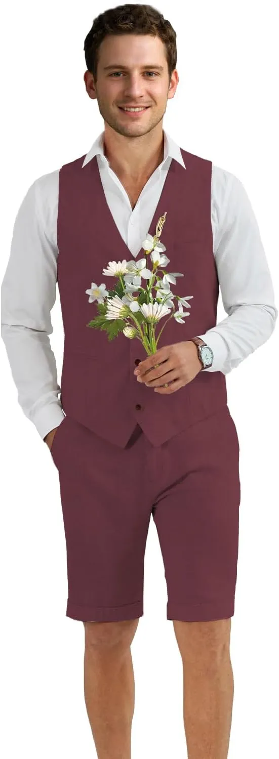Men Suit Linen Set Vest and Pants Slim Fit Outfit 2 Pieces Casual Style Homecoming Summer Wedding Stylish