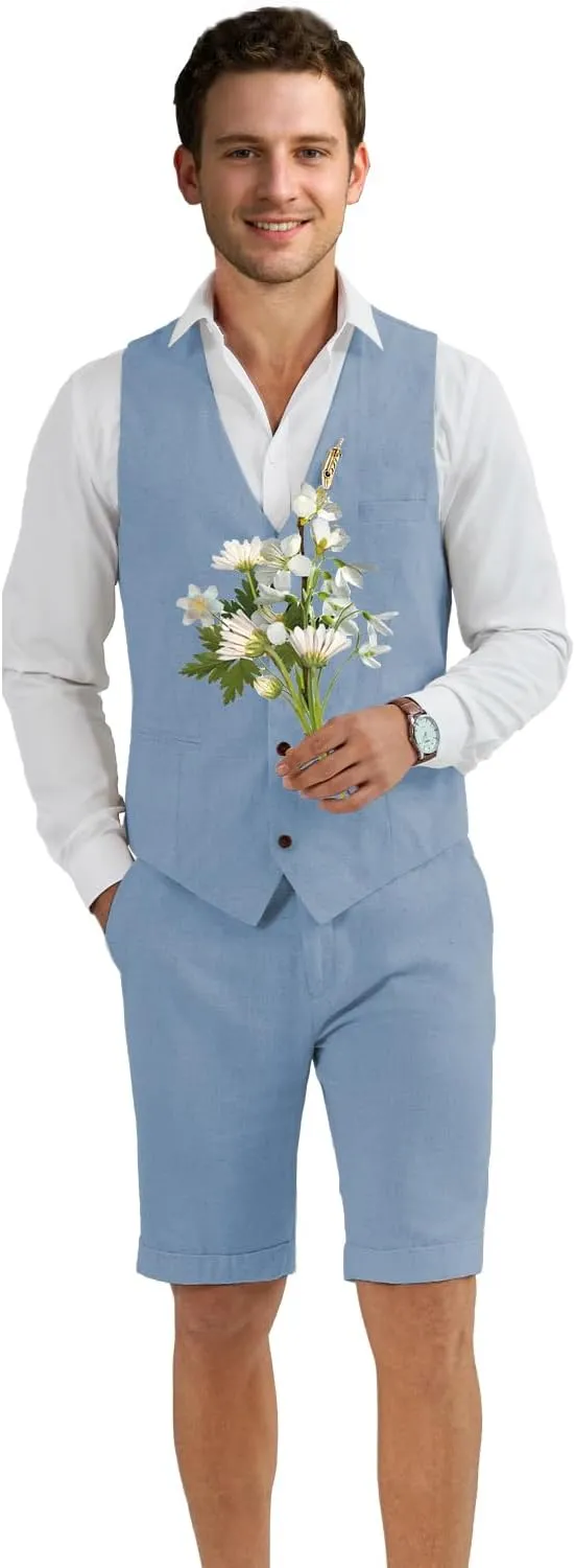 Men Suit Linen Set Vest and Pants Slim Fit Outfit 2 Pieces Casual Style Homecoming Summer Wedding Stylish