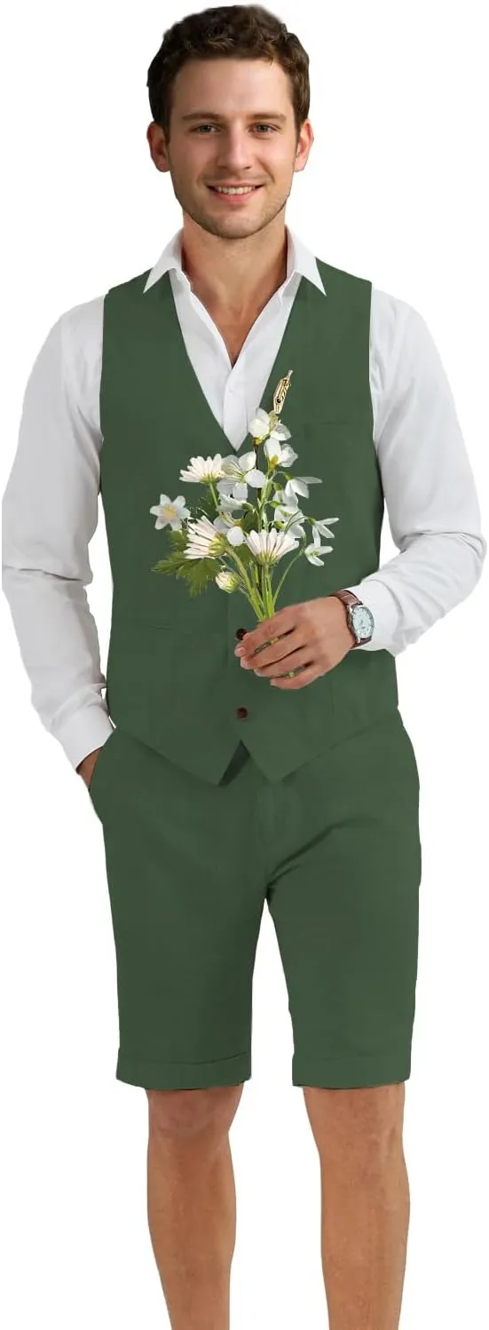 Men Suit Linen Set Vest and Pants Slim Fit Outfit 2 Pieces Casual Style Homecoming Summer Wedding Stylish