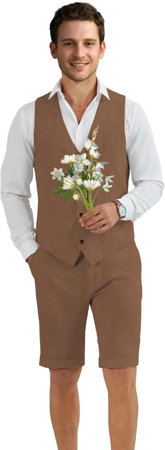 Men Suit Linen Set Vest and Pants Slim Fit Outfit 2 Pieces Casual Style Homecoming Summer Wedding Stylish