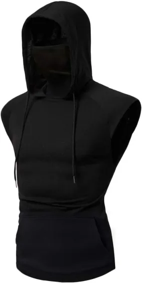 Mens Face_Cover Button Sports Sleeveless/Short/Long Sleeve Vest Hooded Splice Large Open-Forked Male Tank Tops Shirt Blouse