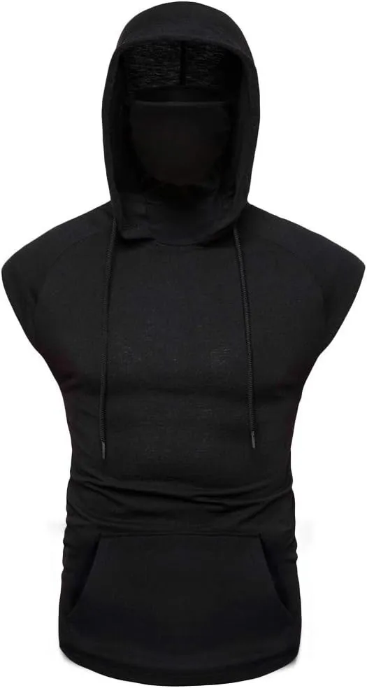 Mens Face_Cover Button Sports Sleeveless/Short/Long Sleeve Vest Hooded Splice Large Open-Forked Male Tank Tops Shirt Blouse