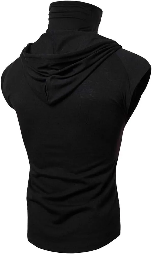 Mens Face_Cover Button Sports Sleeveless/Short/Long Sleeve Vest Hooded Splice Large Open-Forked Male Tank Tops Shirt Blouse