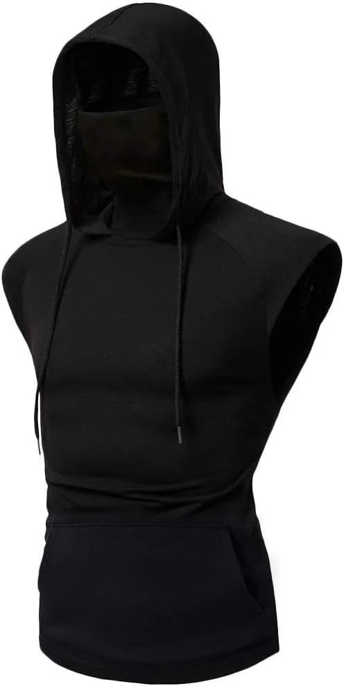Mens Face_Cover Button Sports Sleeveless/Short/Long Sleeve Vest Hooded Splice Large Open-Forked Male Tank Tops Shirt Blouse