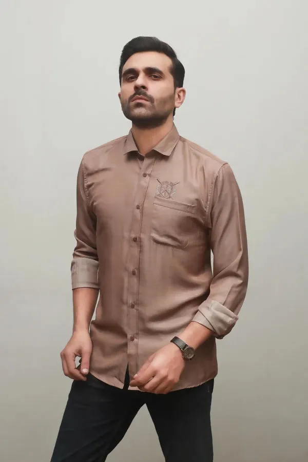 MEN'S LIGHT BROWN EMBROIDERY CASUAL SHIRT