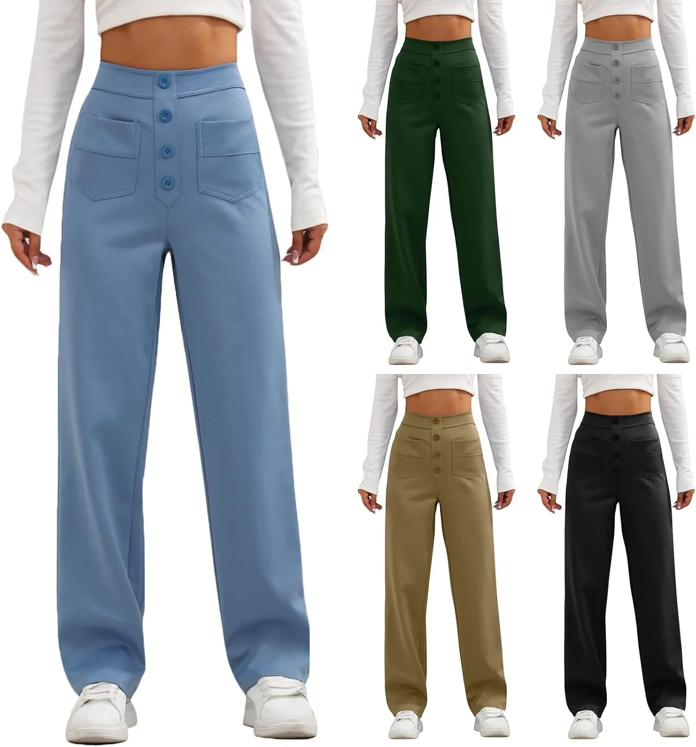 midelxp Casual Straight Leg Pants for Women High Waisted Button Stretchy Business Work Pants Trousers with Multiple Pockets
