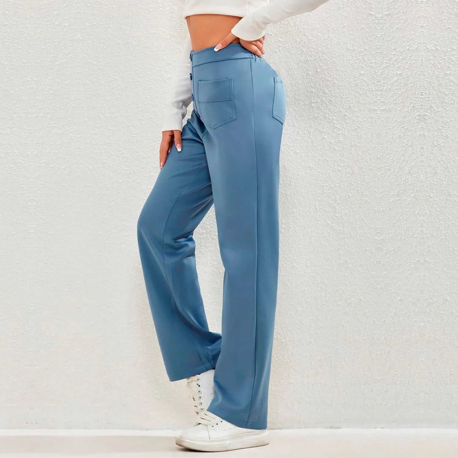 midelxp Casual Straight Leg Pants for Women High Waisted Button Stretchy Business Work Pants Trousers with Multiple Pockets