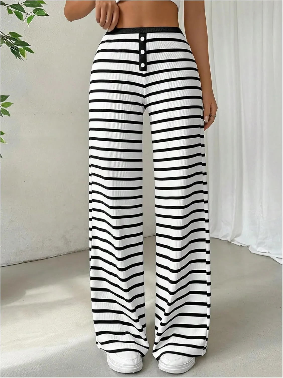 Milumia Women's Striped Print High Waisted Pants Button Front Wide Leg Trousers