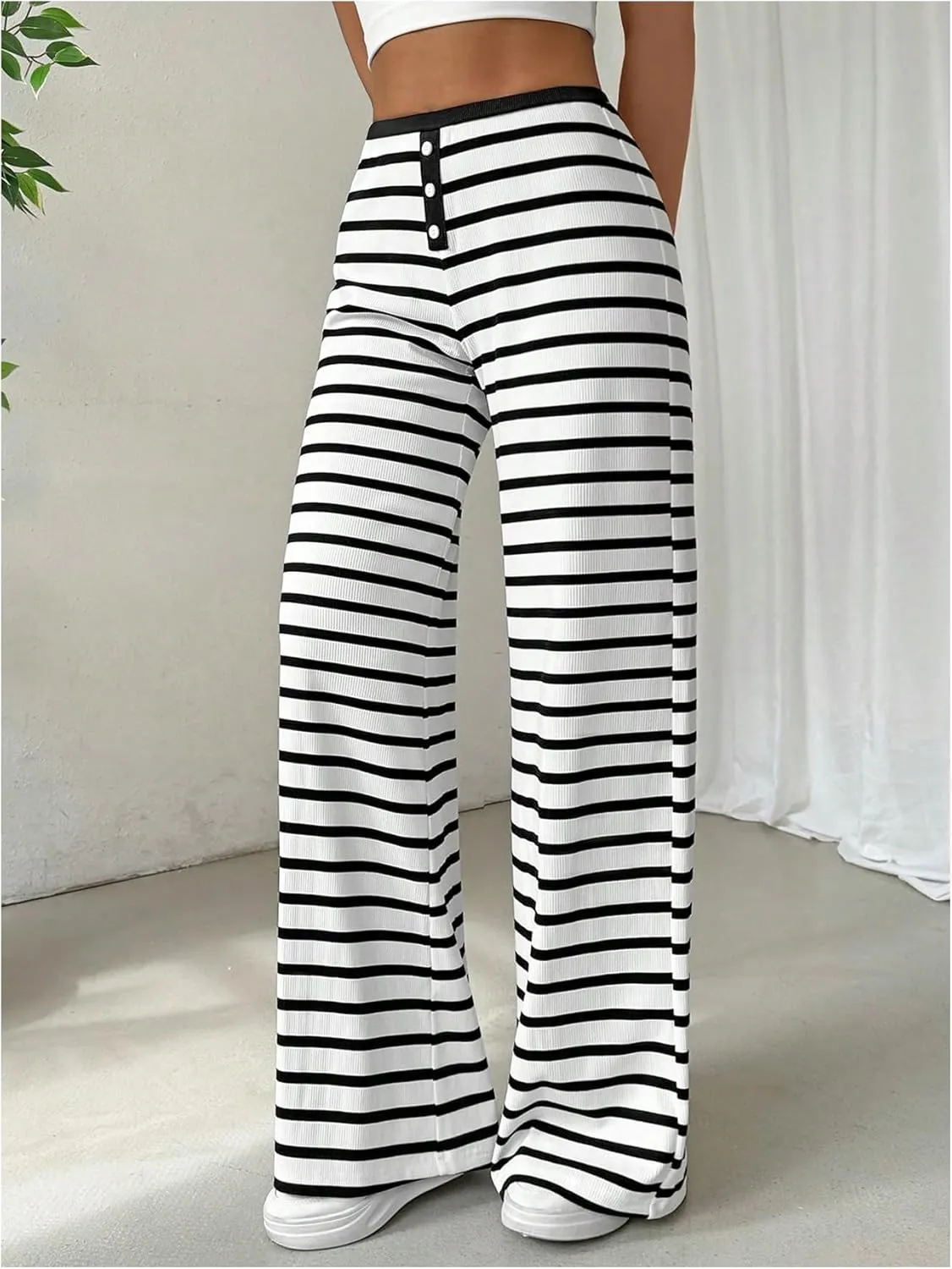 Milumia Women's Striped Print High Waisted Pants Button Front Wide Leg Trousers
