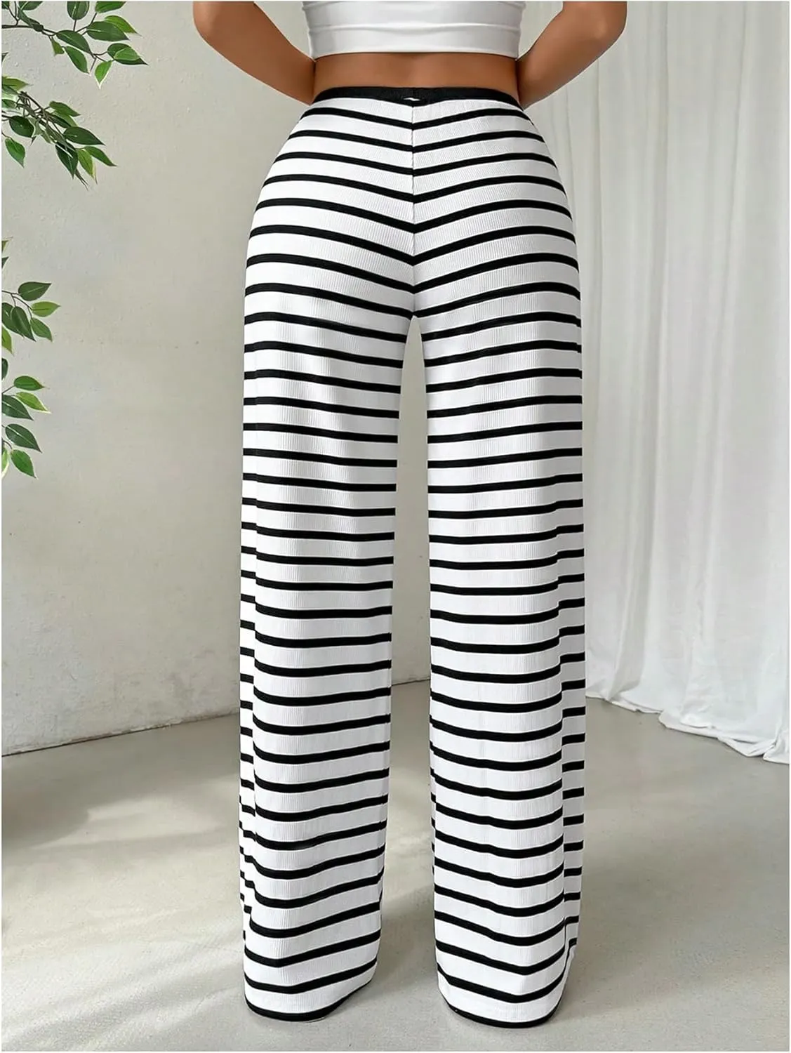 Milumia Women's Striped Print High Waisted Pants Button Front Wide Leg Trousers