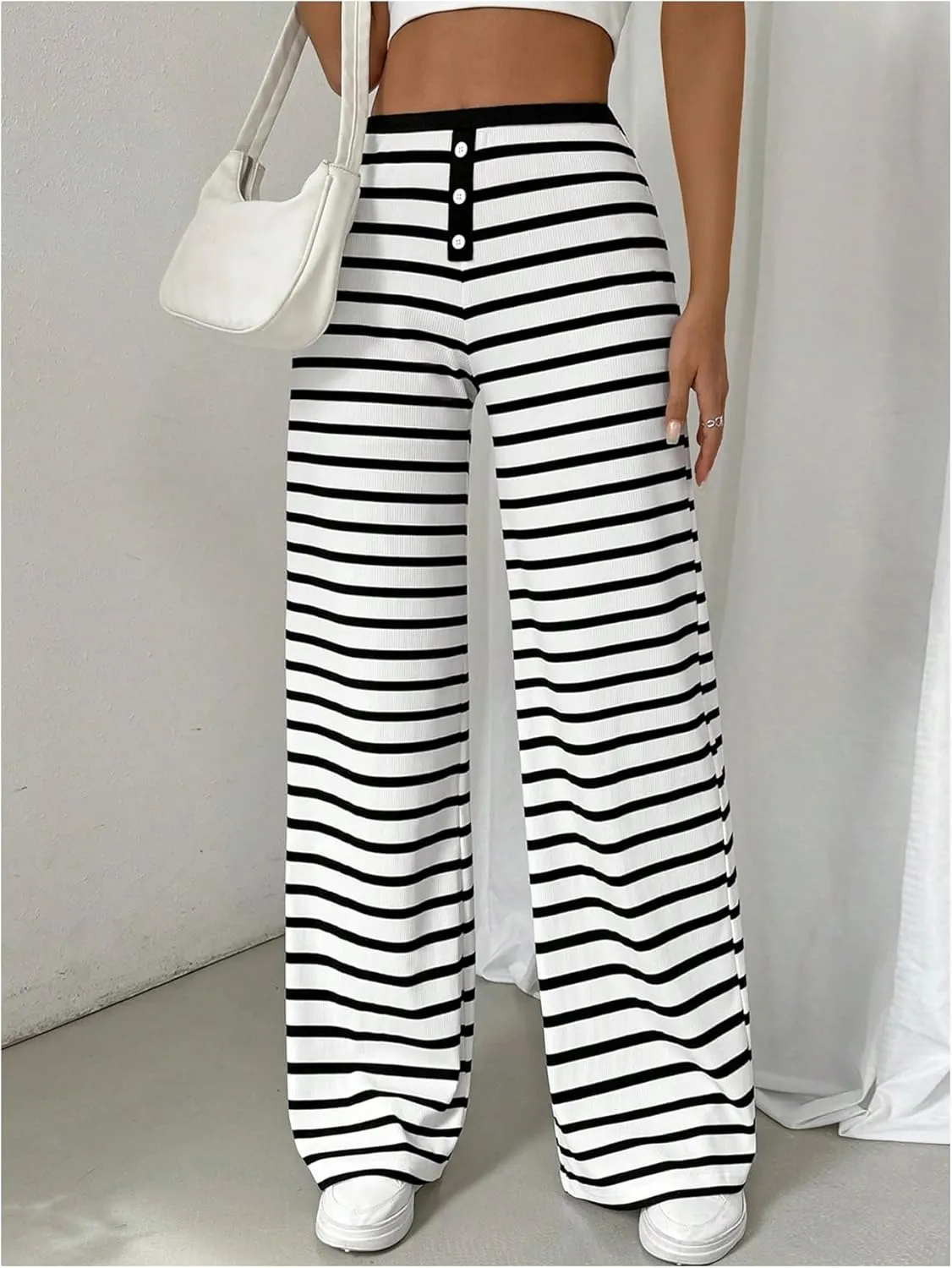 Milumia Women's Striped Print High Waisted Pants Button Front Wide Leg Trousers