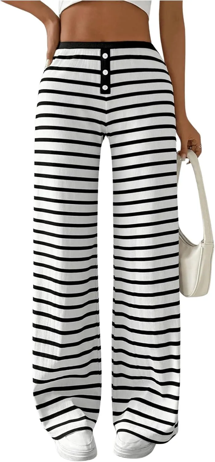 Milumia Women's Striped Print High Waisted Pants Button Front Wide Leg Trousers