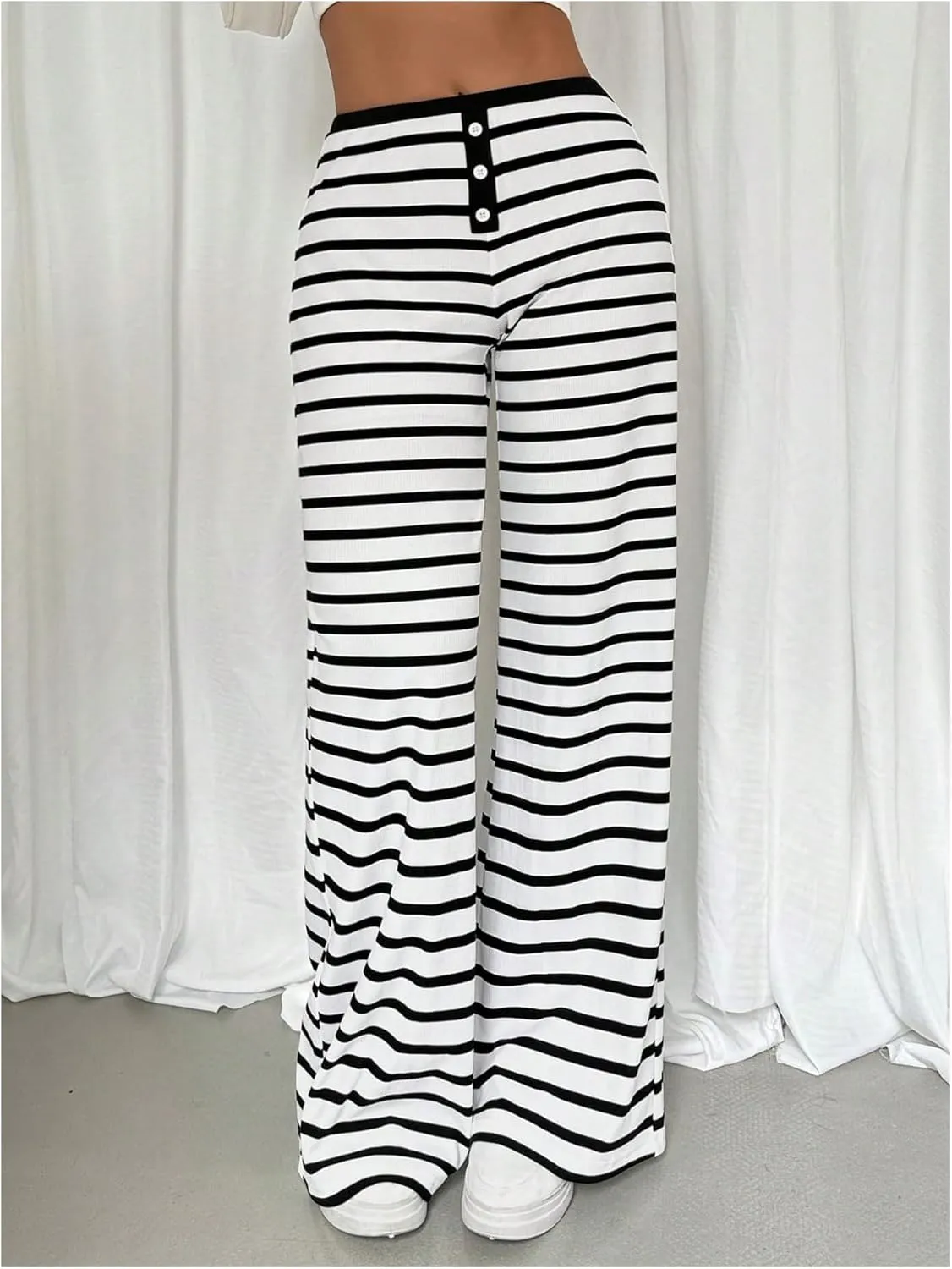 Milumia Women's Striped Print High Waisted Pants Button Front Wide Leg Trousers