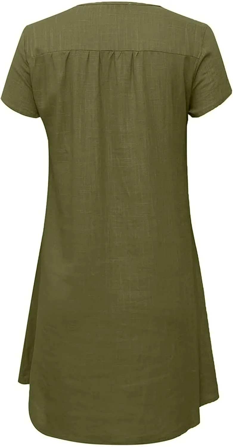Mini Dresses for Women Summer V Neck Short Sleeve Solid Color Irregular Hem Casual Beach Vacation Shift Dress