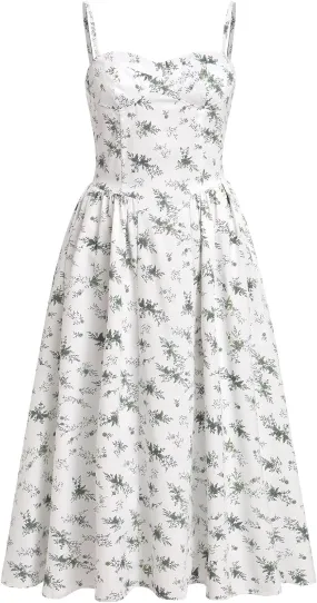 OBEEII Women Corset Dress Floral Bustier Midi Dress Flowy Spaghetti Straps Low Cut Summer Sun Dress