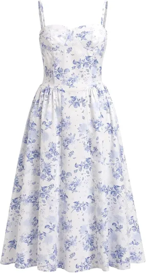 OBEEII Women Corset Dress Floral Bustier Midi Dress Flowy Spaghetti Straps Low Cut Summer Sun Dress