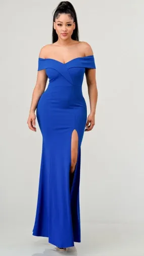 Off the Shoulder Slit Maxi Blue Dress