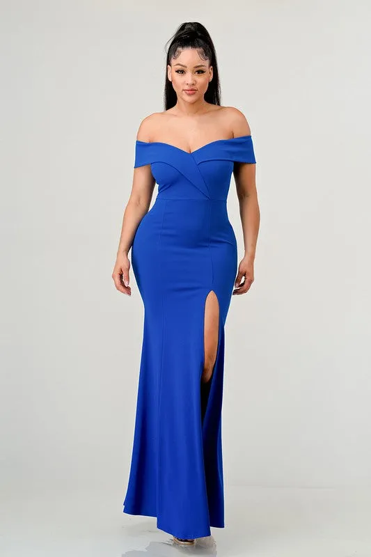Off the Shoulder Slit Maxi Blue Dress