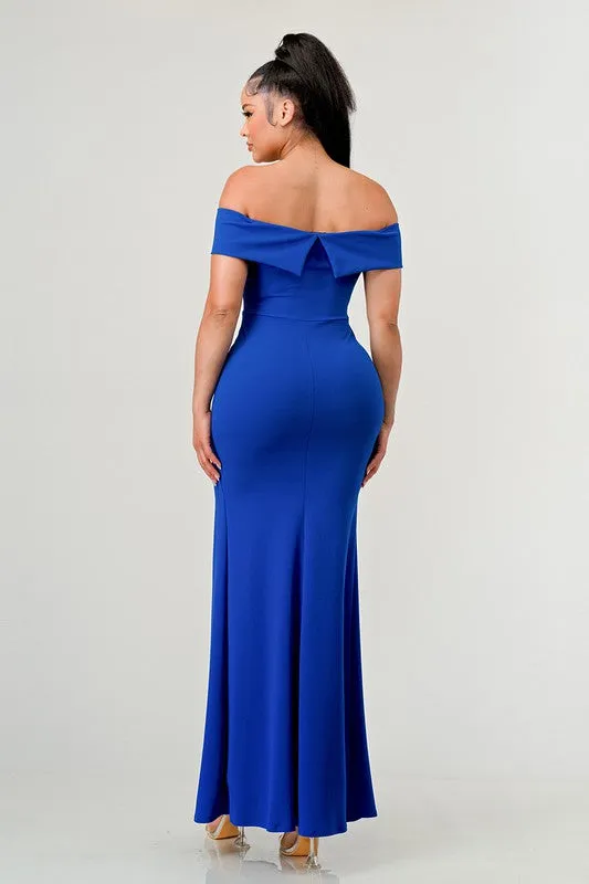 Off the Shoulder Slit Maxi Blue Dress