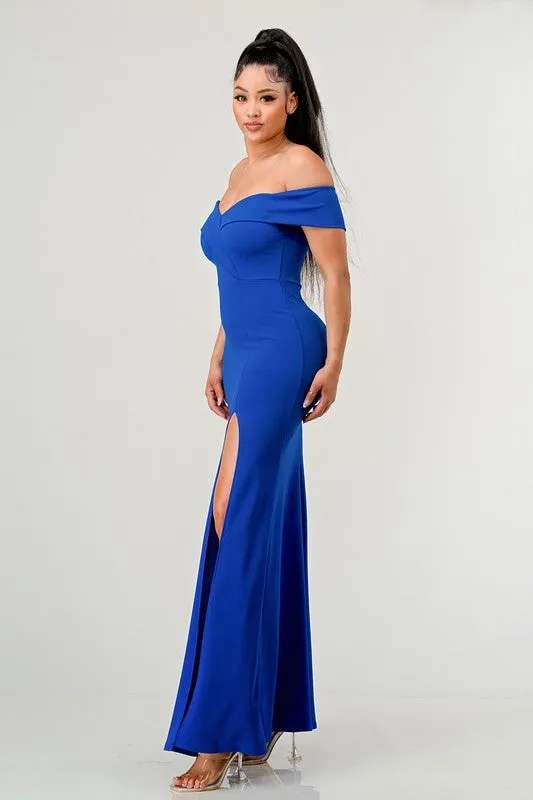Off the Shoulder Slit Maxi Blue Dress